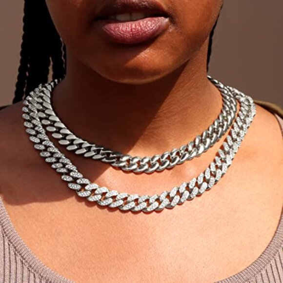 Cuban Link Chain Necklace Gold Silver Plated Bling Diamond Trendy Choker - Picture 5 of 8